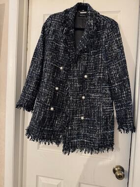 Rino & Pelle Navy Black Tweed Raw Fringe Pearl Button Blazer Coat EU 40 / US 8